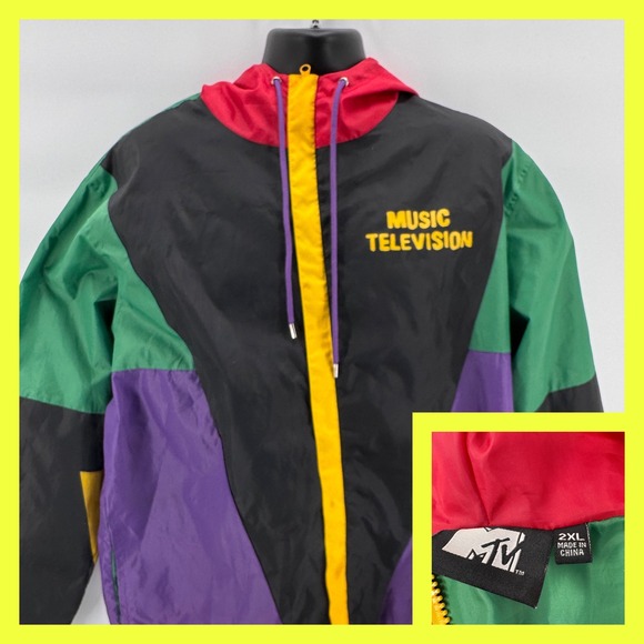 MTV Other - MTV Music Television Windbreaker Jacket  2XL Retro Colorblock Hooded Full Zip